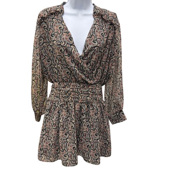 Zara Womens SZ M printed mini dress brown paisley floral pink blue long sleeve - Picture 2 of 6